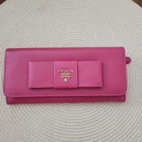 Prada Saffiano Fiocco Leather Bow Continental Flap Wallet Pink Peonia - Picture 1 of 14